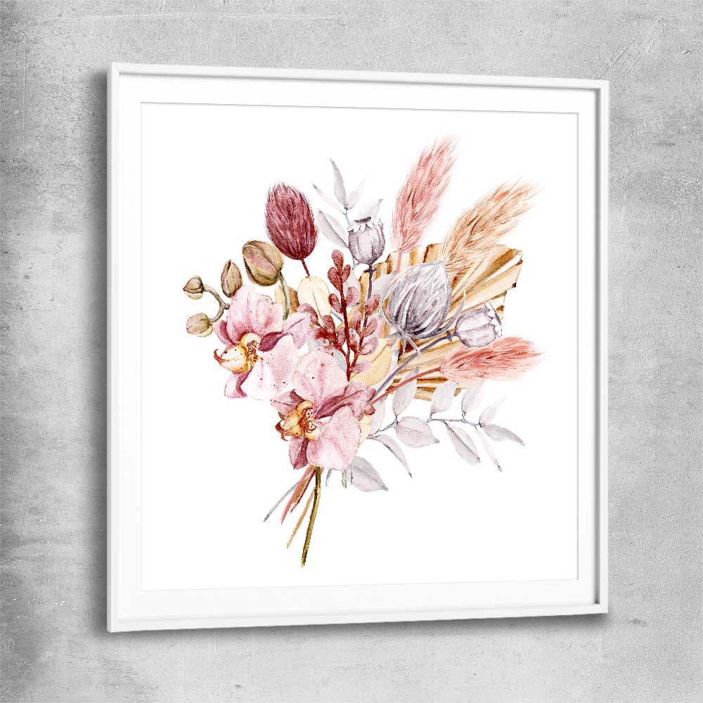 Floral print of Pampas Bunch with white glass front frame