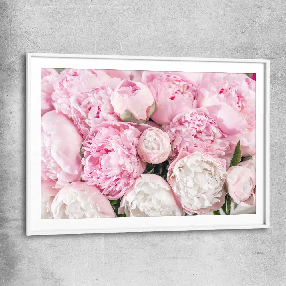 Floral print of Peony Bouquet with white glass front frame