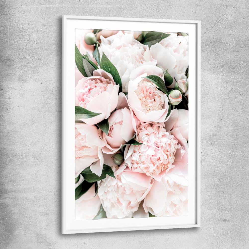 Floral print of Pink Peonies with white glass front frame