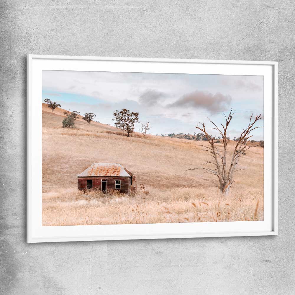 Floral print of Rural Farmhouse with white glass front frame