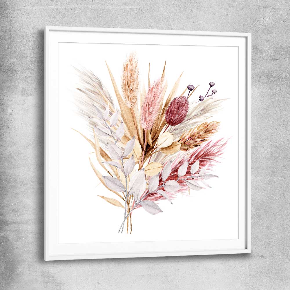 Floral print of Rustic Pampas with white glass front frame
