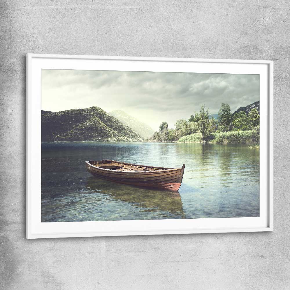 Floral print of Tranquil Wooden Boat with white glass front frame
