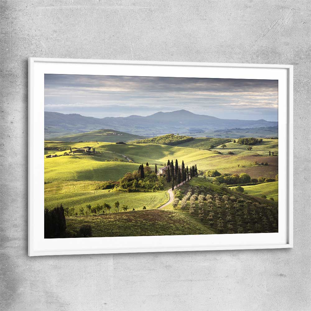 Floral print of Tuscan Countryside with white glass front frame