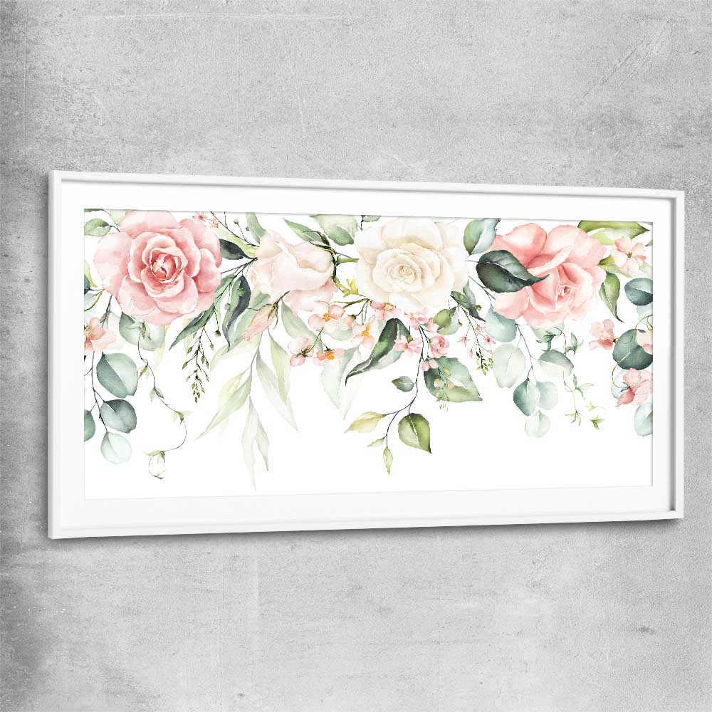 Floral print of Vivid Blossom with white glass front frame