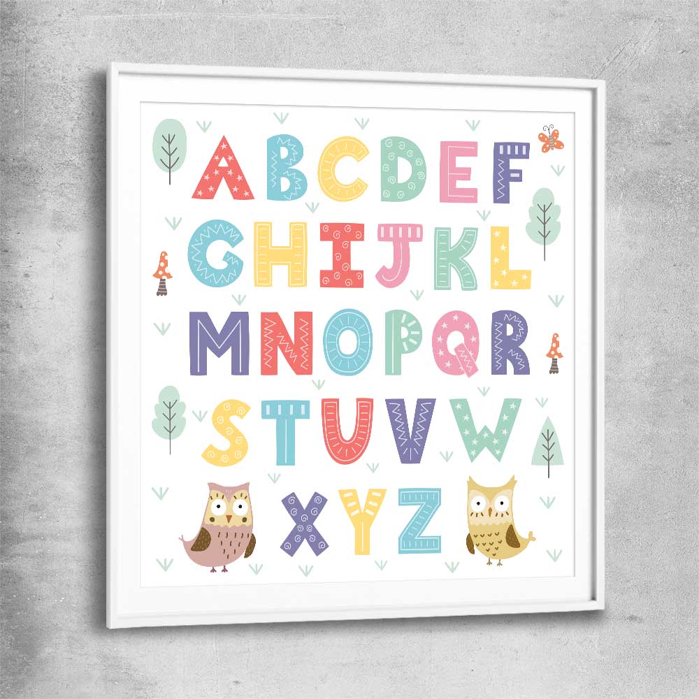 Alphabet Colours white glass front frame is a nursery canvas wall art and print suited for childrens nursery area