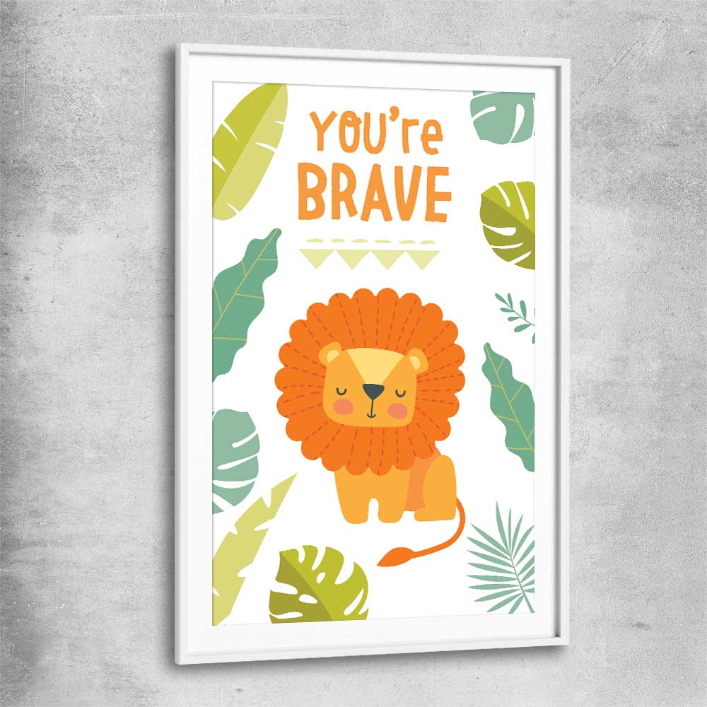 Be Brave white glass front frame is a nursery canvas wall art and print suited for childrens nursery area