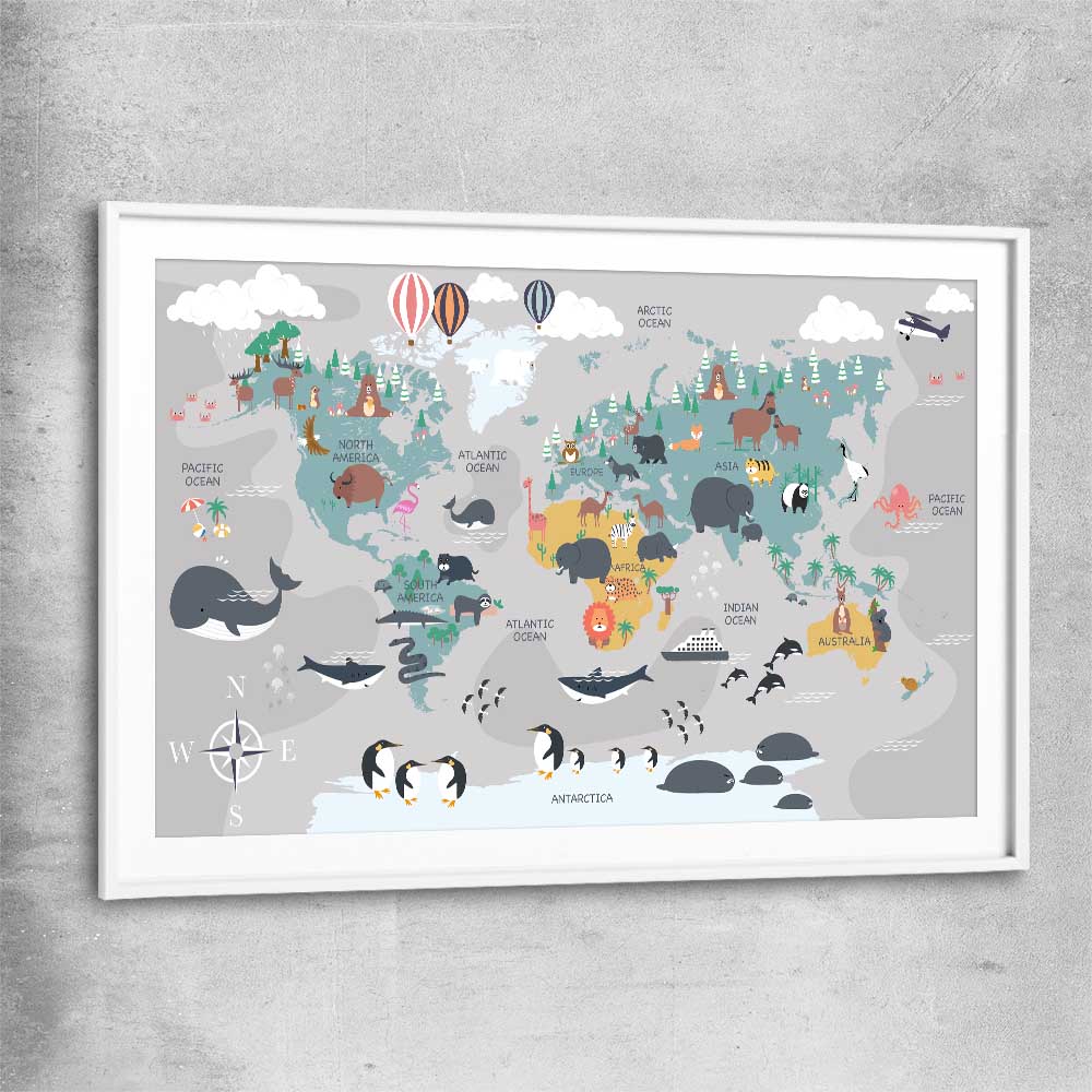 Cartoon World Map white glass front frame is a nursery canvas wall art and print suited for childrens nursery area