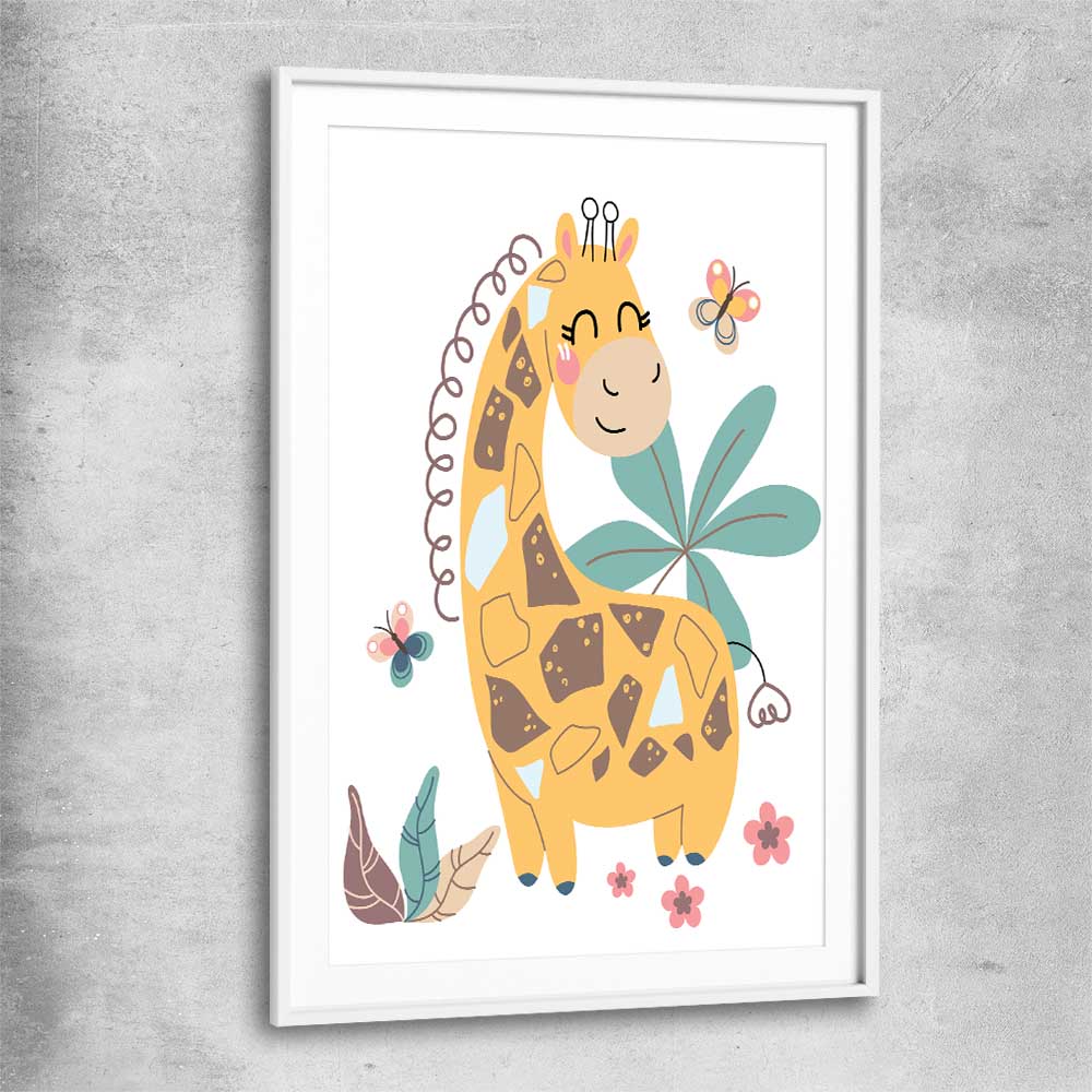 Cheerful Giraffe white glass front frame is a nursery canvas wall art and print suited for childrens nursery area