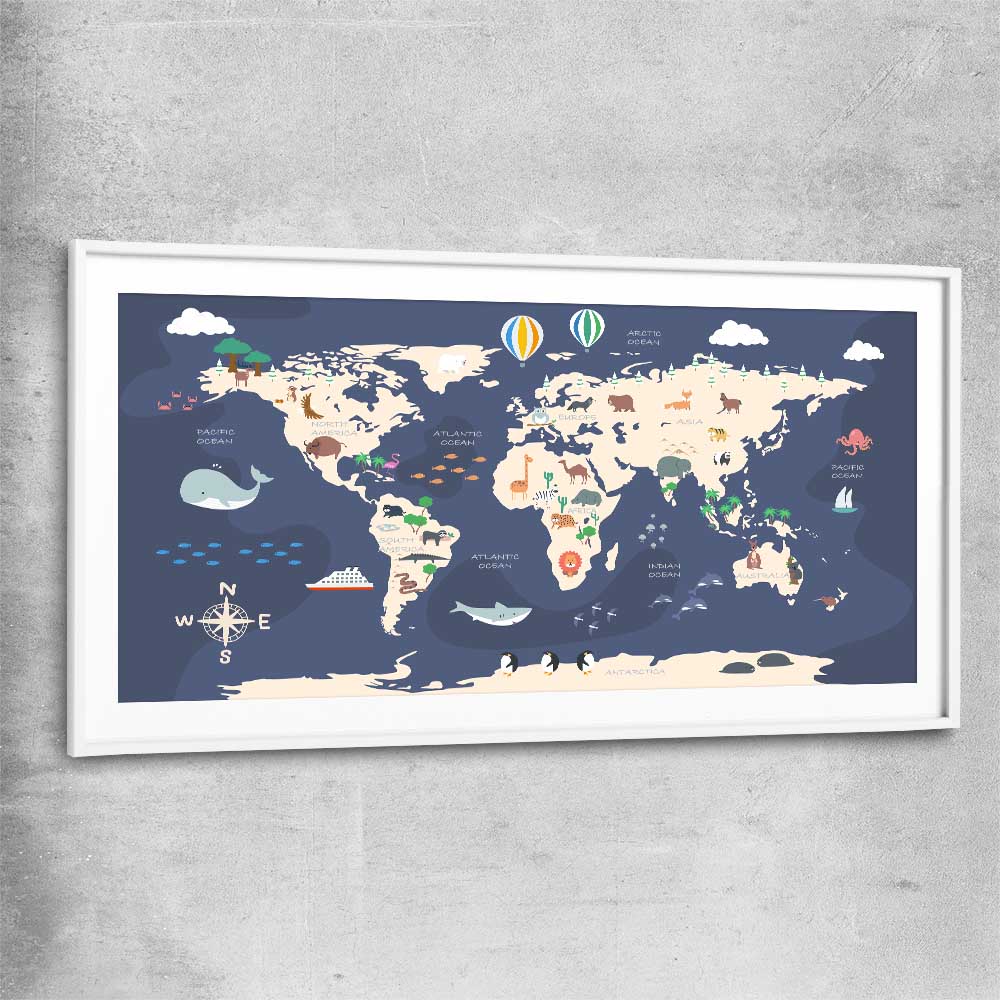 Discovery Map white glass front frame is a nursery canvas wall art and print suited for childrens nursery area