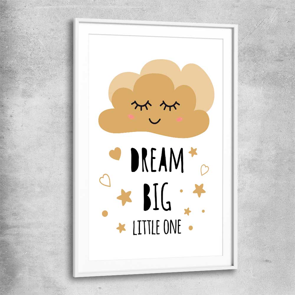 Dream Big white glass front frame is a nursery canvas wall art and print suited for childrens nursery area