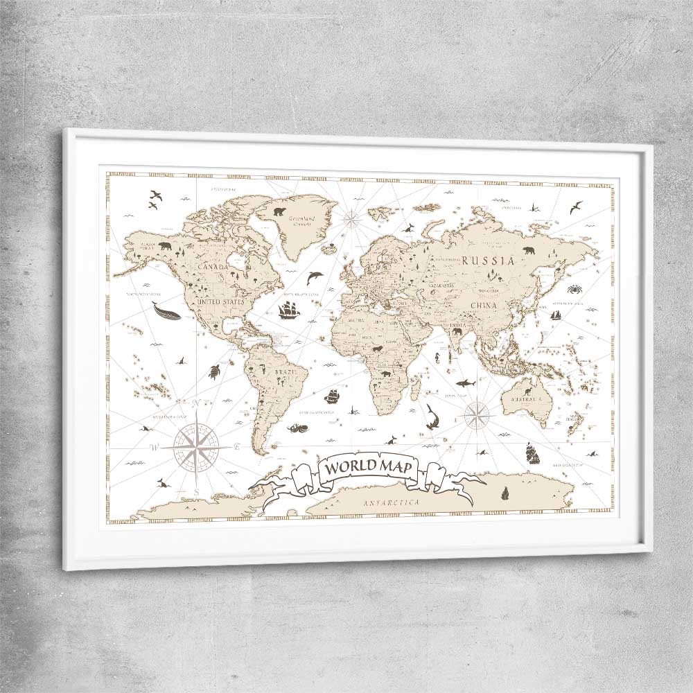 Education Map white glass front frame is a nursery canvas wall art and print suited for childrens nursery area