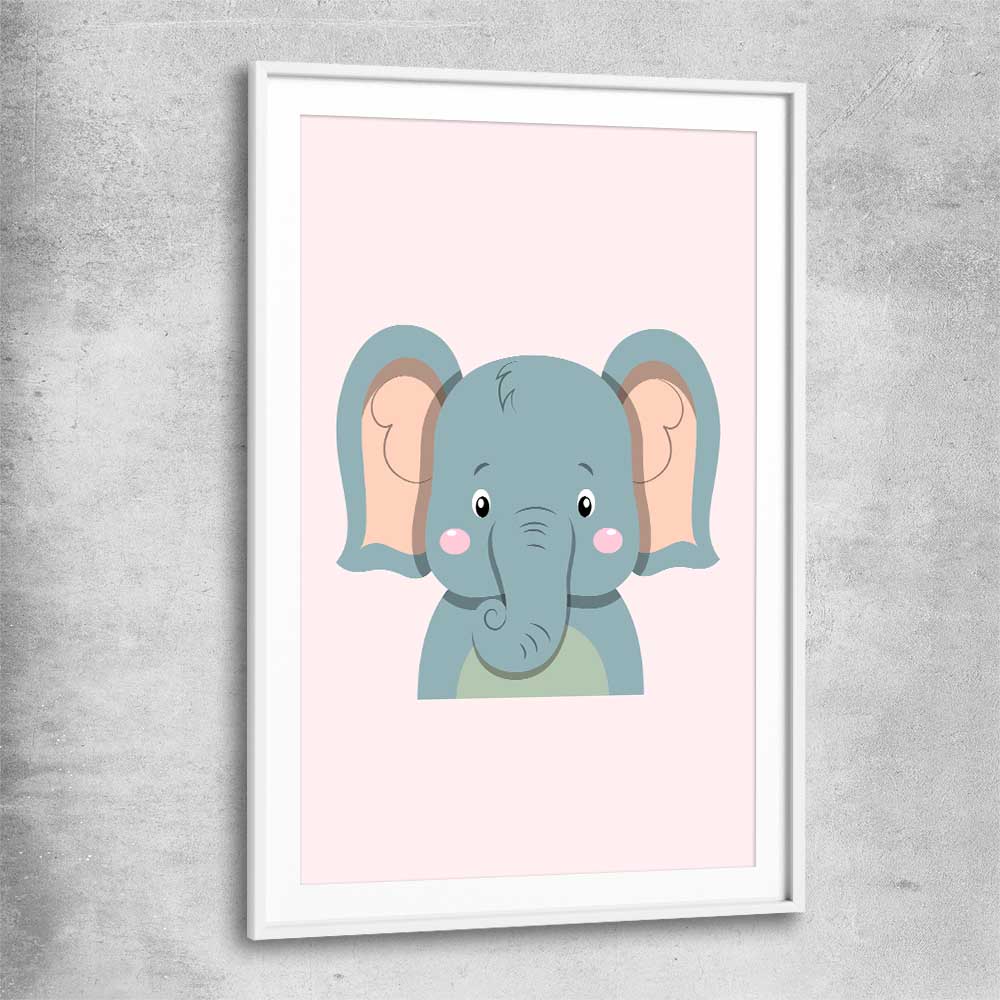 Friendly Elephant white glass front frame is a nursery canvas wall art and print suited for childrens nursery area