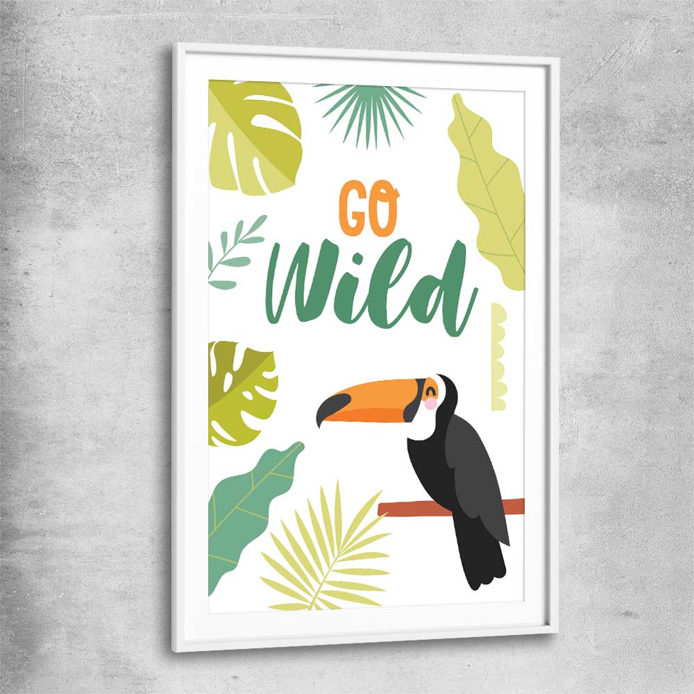 Go Wild white glass front frame is a nursery canvas wall art and print suited for childrens nursery area