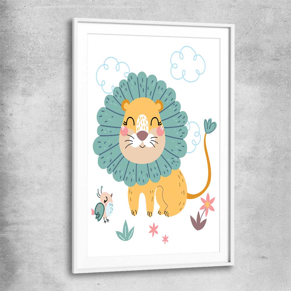 Safari Lion white glass front frame is a nursery canvas wall art and print suited for childrens nursery area