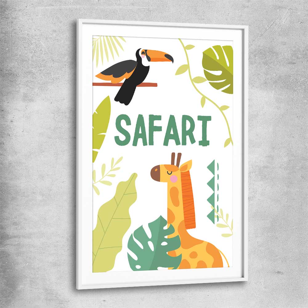 Safari Roaming white glass front frame is a nursery canvas wall art and print suited for childrens nursery area