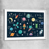 Space Alphabet white glass front frame is a nursery canvas wall art and print suited for childrens nursery area