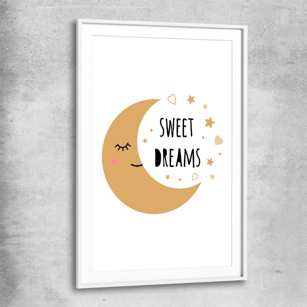 Sweet Dreams white glass front frame is a nursery canvas wall art and print suited for childrens nursery area