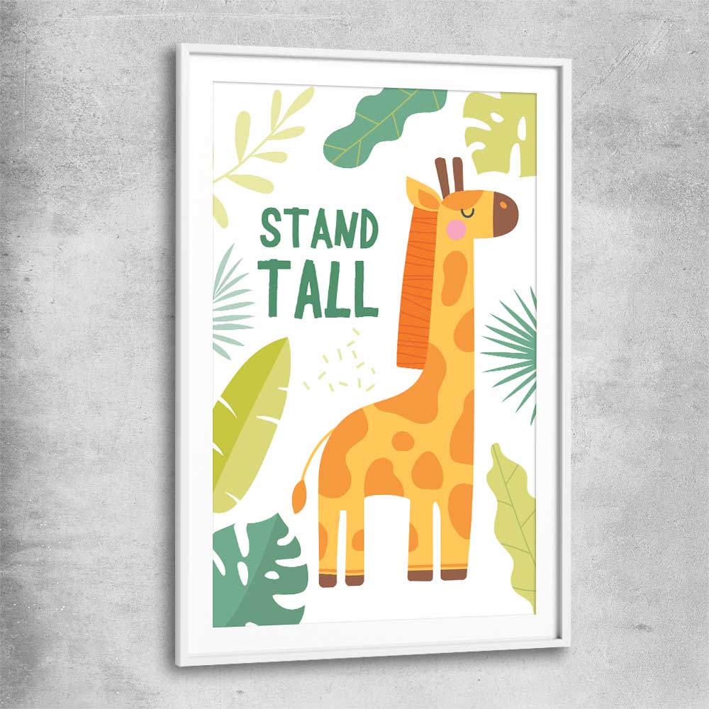 Tall Giraffe white glass front frame is a nursery canvas wall art and print suited for childrens nursery area