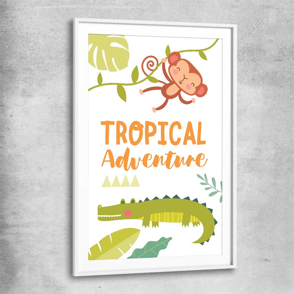 Tropical Adventure white glass front frame is a nursery canvas wall art and print suited for childrens nursery area