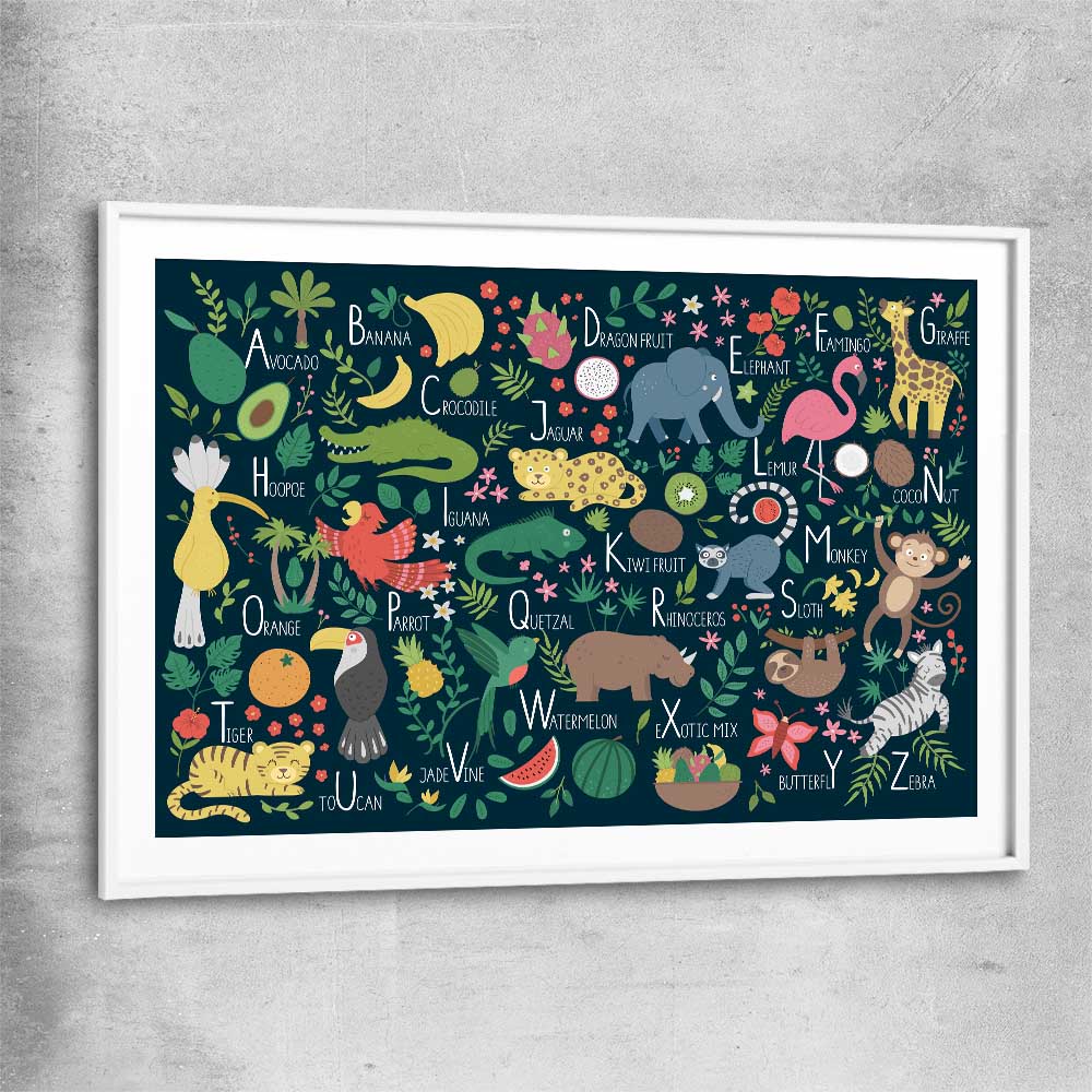 Tropical Alphabet white glass front frame is a nursery canvas wall art and print suited for childrens nursery area