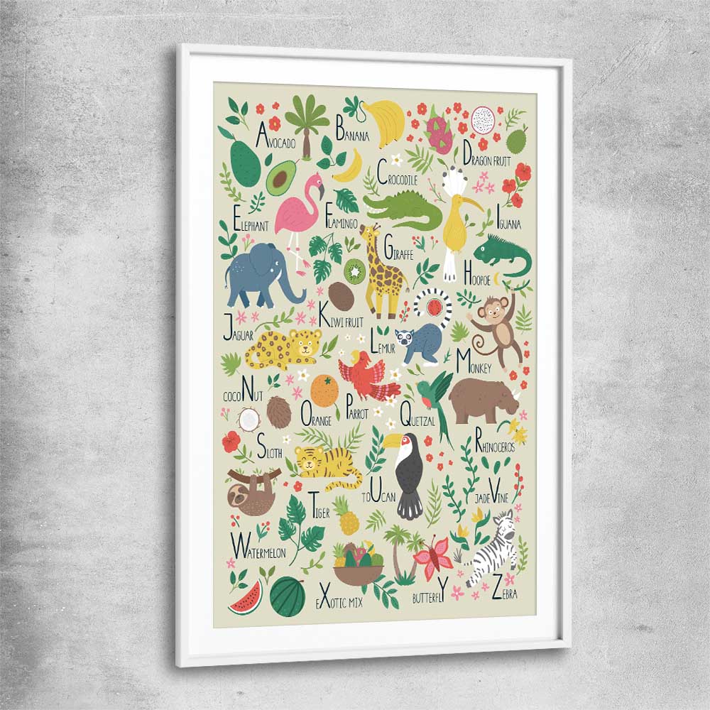 Tropical Alphabet Light white glass front frame is a nursery canvas wall art and print suited for childrens nursery area