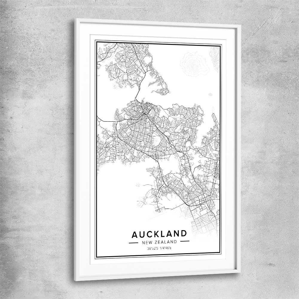 Auckland City white glass front frame is a high quality print in our city skyline, travel prints and maps collection