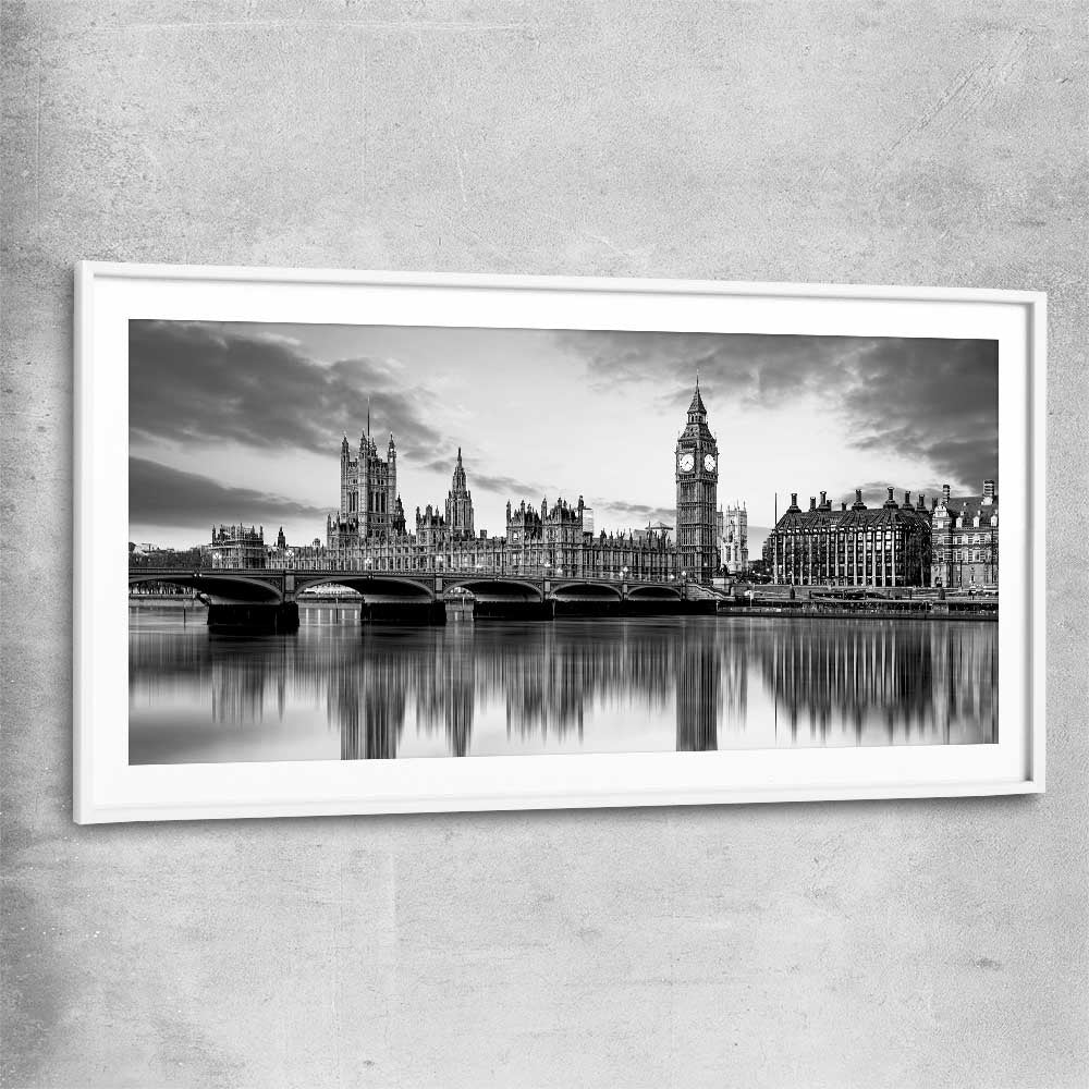Big Ben London white glass front frame is a high quality print in our city skyline, travel prints and maps collection