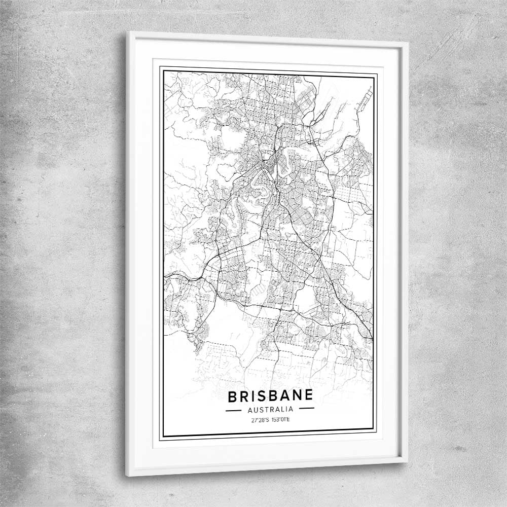 Brisbane City white glass front frame is a high quality print in our city skyline, travel prints and maps collection