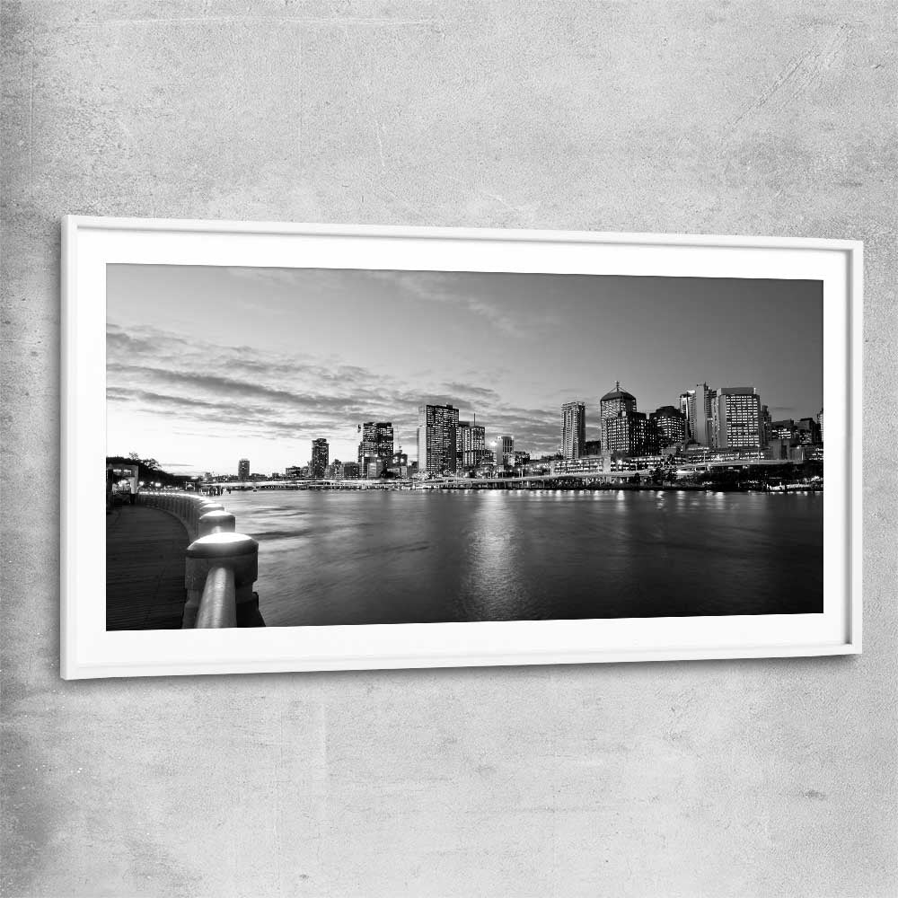 Brisbane Skyline white glass front frame is a high quality print in our city skyline, travel prints and maps collection