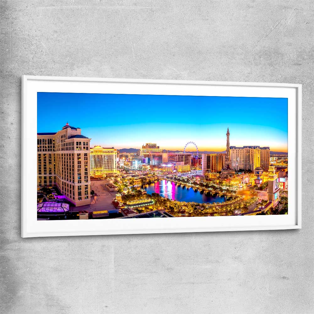 Golden Vegas white glass front frame is a high quality print in our city skyline, travel prints and maps collection