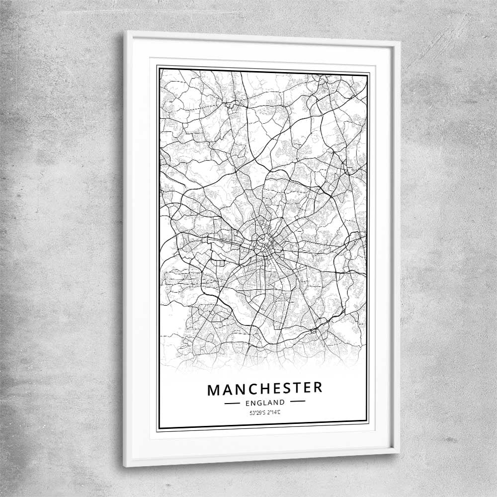 Greater Manchester white glass front frame is a high quality print in our city skyline, travel prints and maps collection