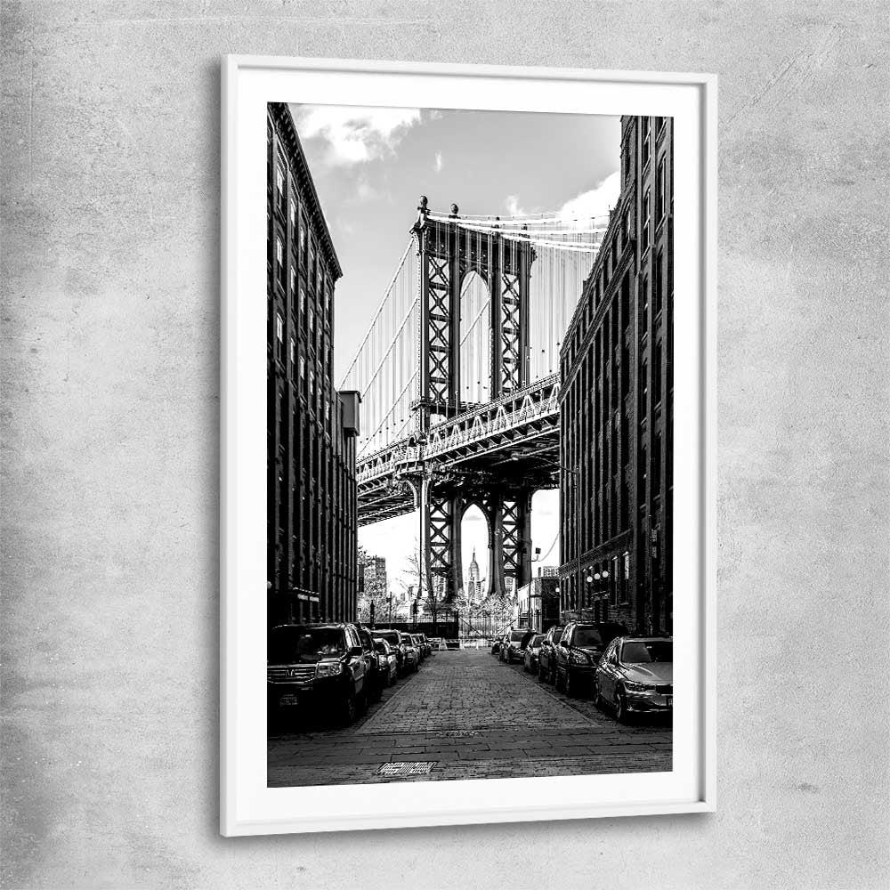 Manhattan Bridge white glass front frame is a high quality print in our city skyline, travel prints and maps collection