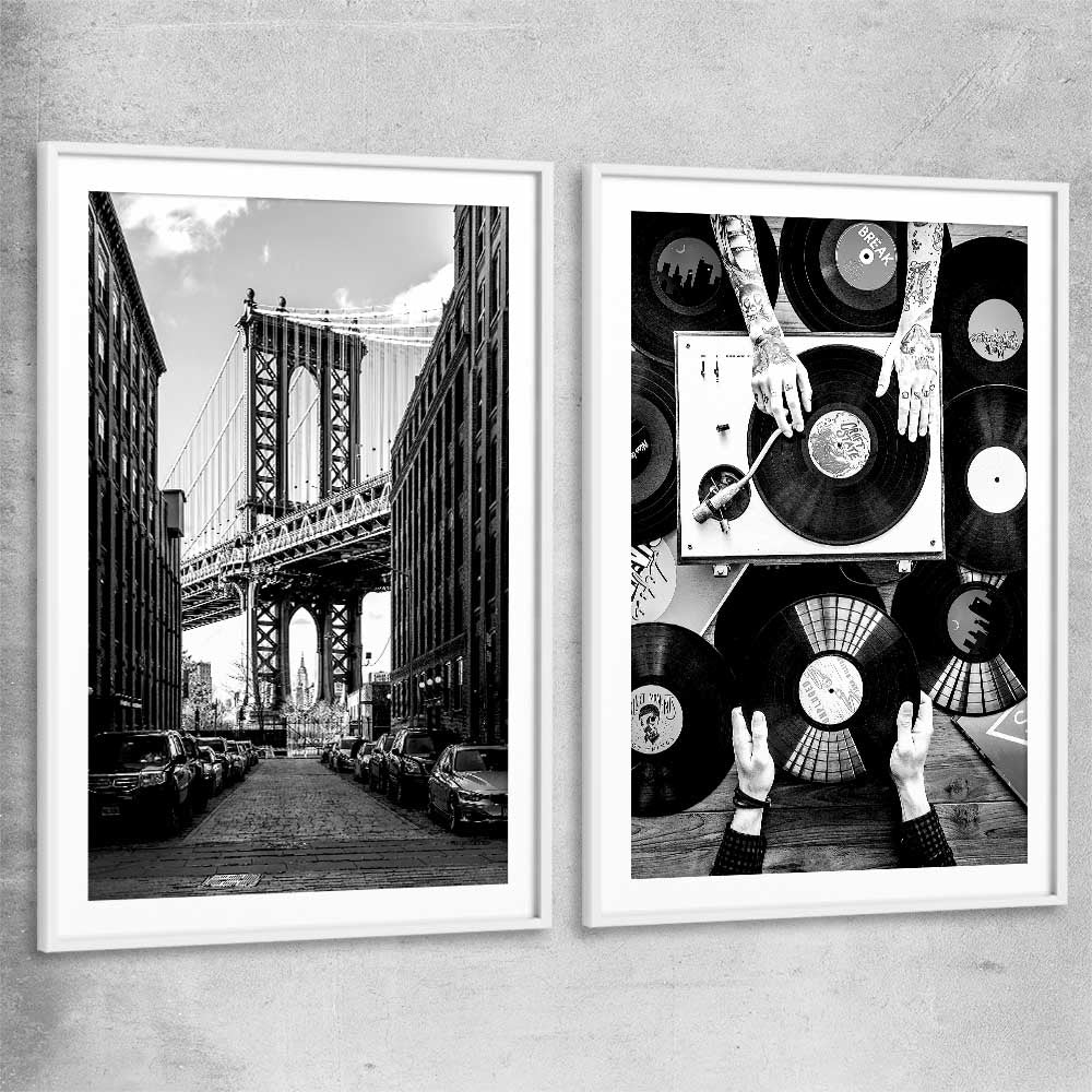 Manhattan Bridge Pair white glass front frame is a high quality print in our city skyline, travel prints and maps collection