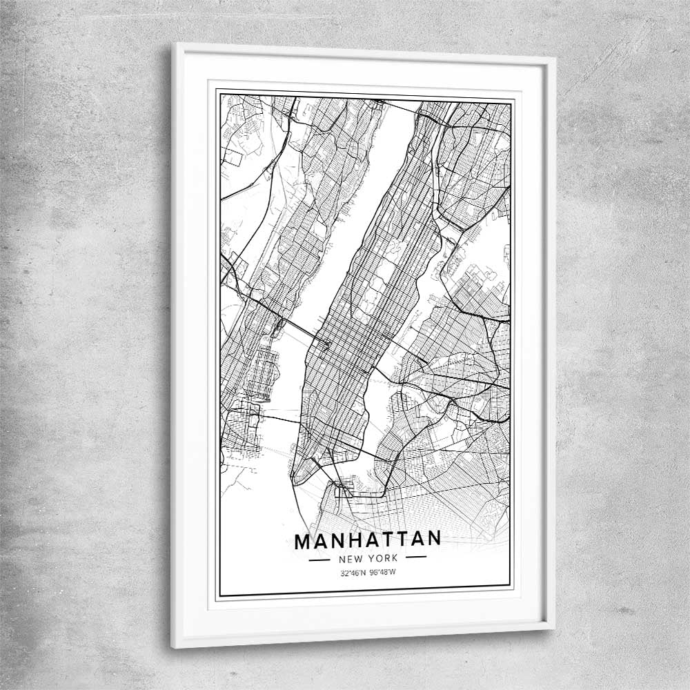 Manhattan City white glass front frame is a high quality print in our city skyline, travel prints and maps collection