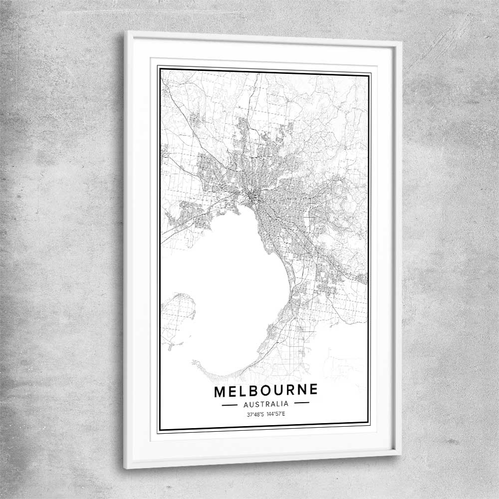 Melbourne City white glass front frame is a high quality print in our city skyline, travel prints and maps collection