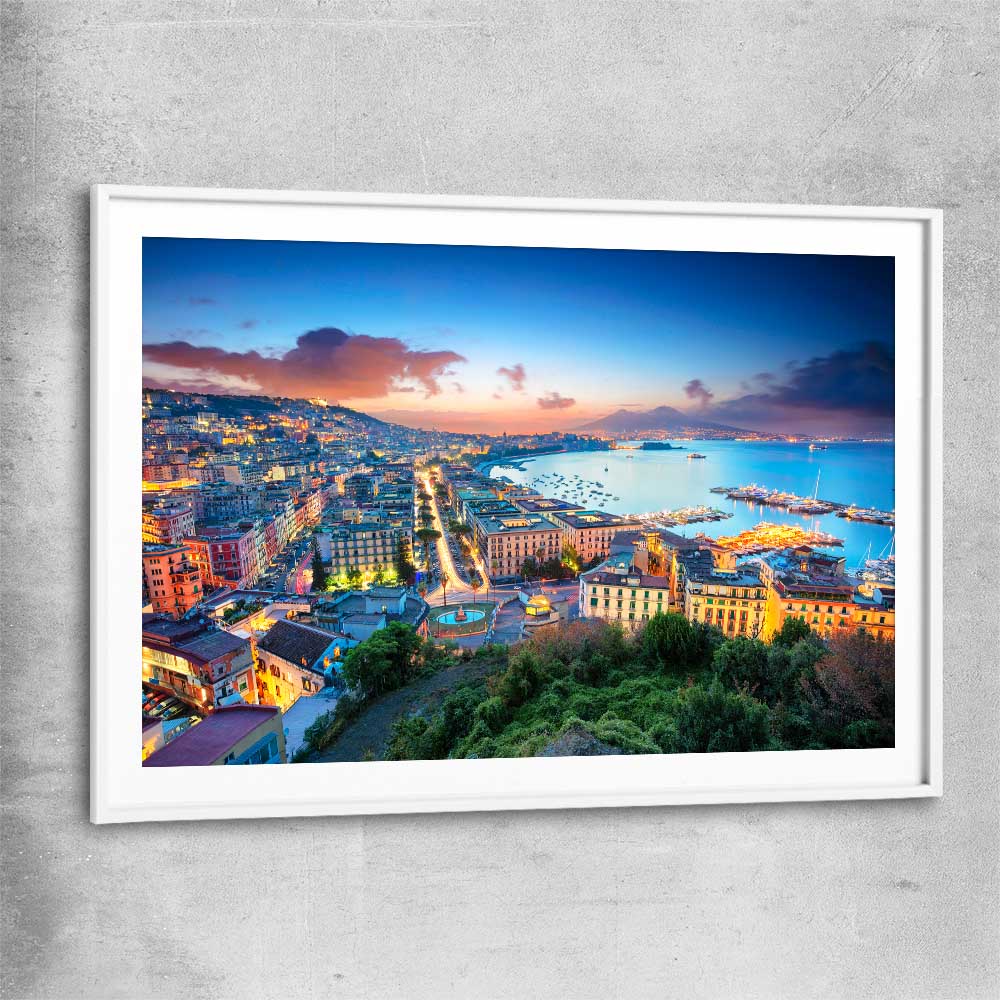 Naples City Lights white glass front frame is a high quality print in our city skyline, travel prints and maps collection