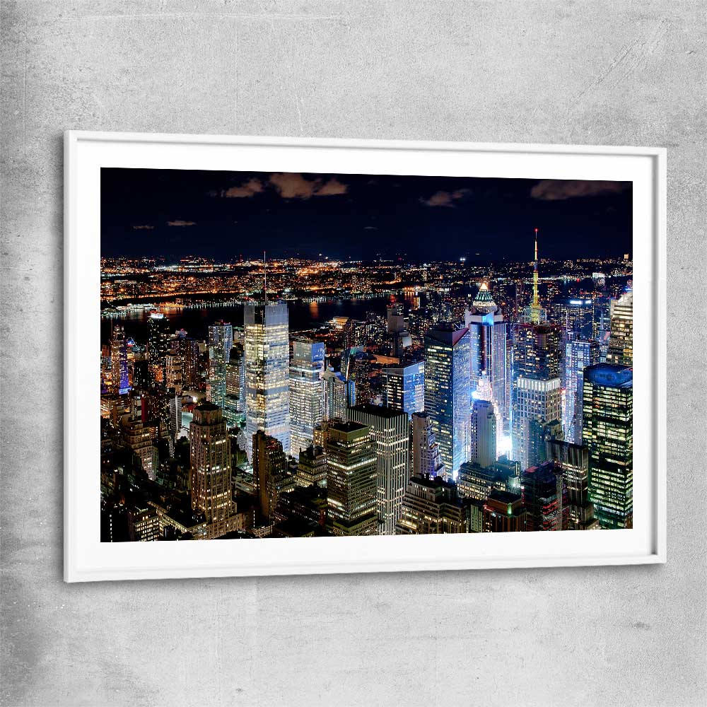 New York Glow white glass front frame is a high quality print in our city skyline, travel prints and maps collection