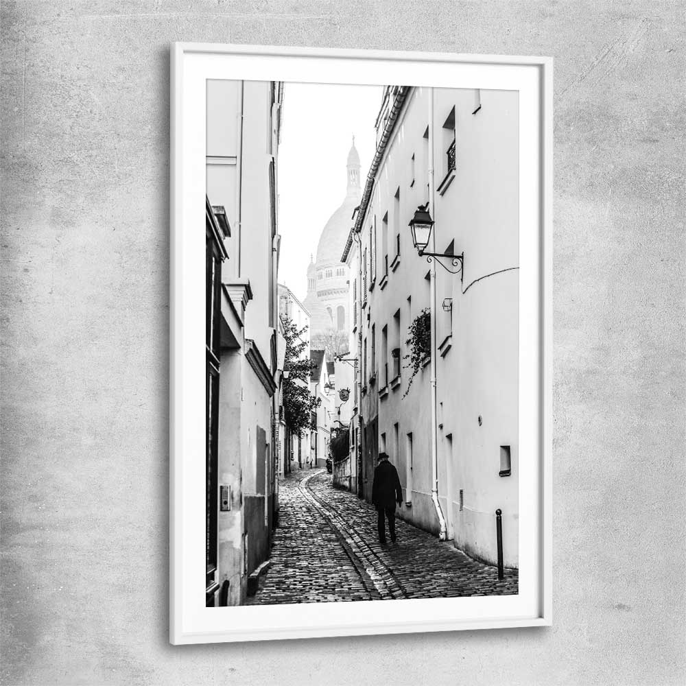 Paris Alley white glass front frame is a high quality print in our city skyline, travel prints and maps collection