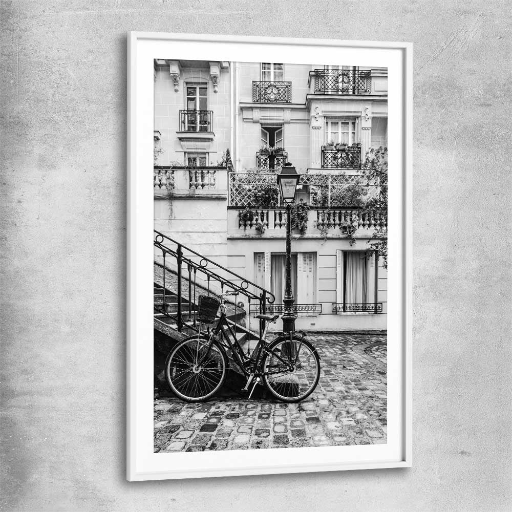 Paris Bicycle white glass front frame is a high quality print in our city skyline, travel prints and maps collection