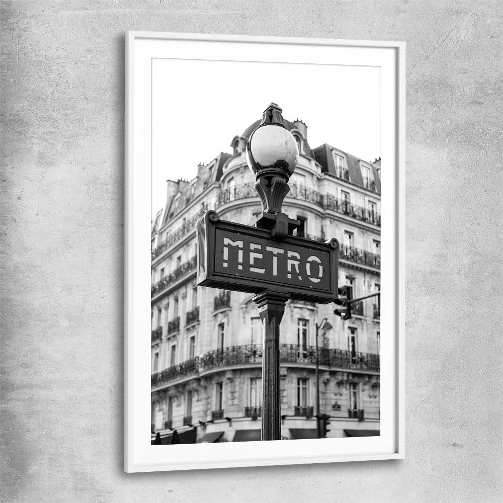 Paris Metro white glass front frame is a high quality print in our city skyline, travel prints and maps collection