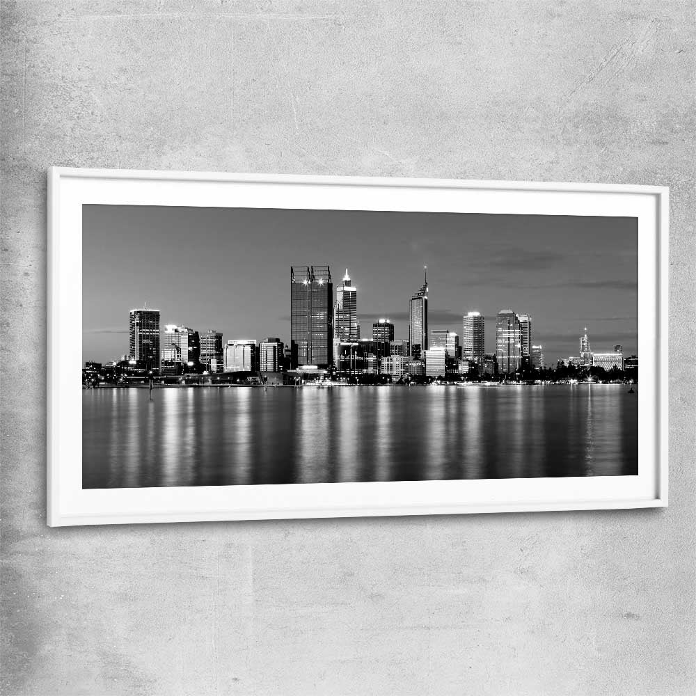 Perth Skyline white glass front frame is a high quality print in our city skyline, travel prints and maps collection