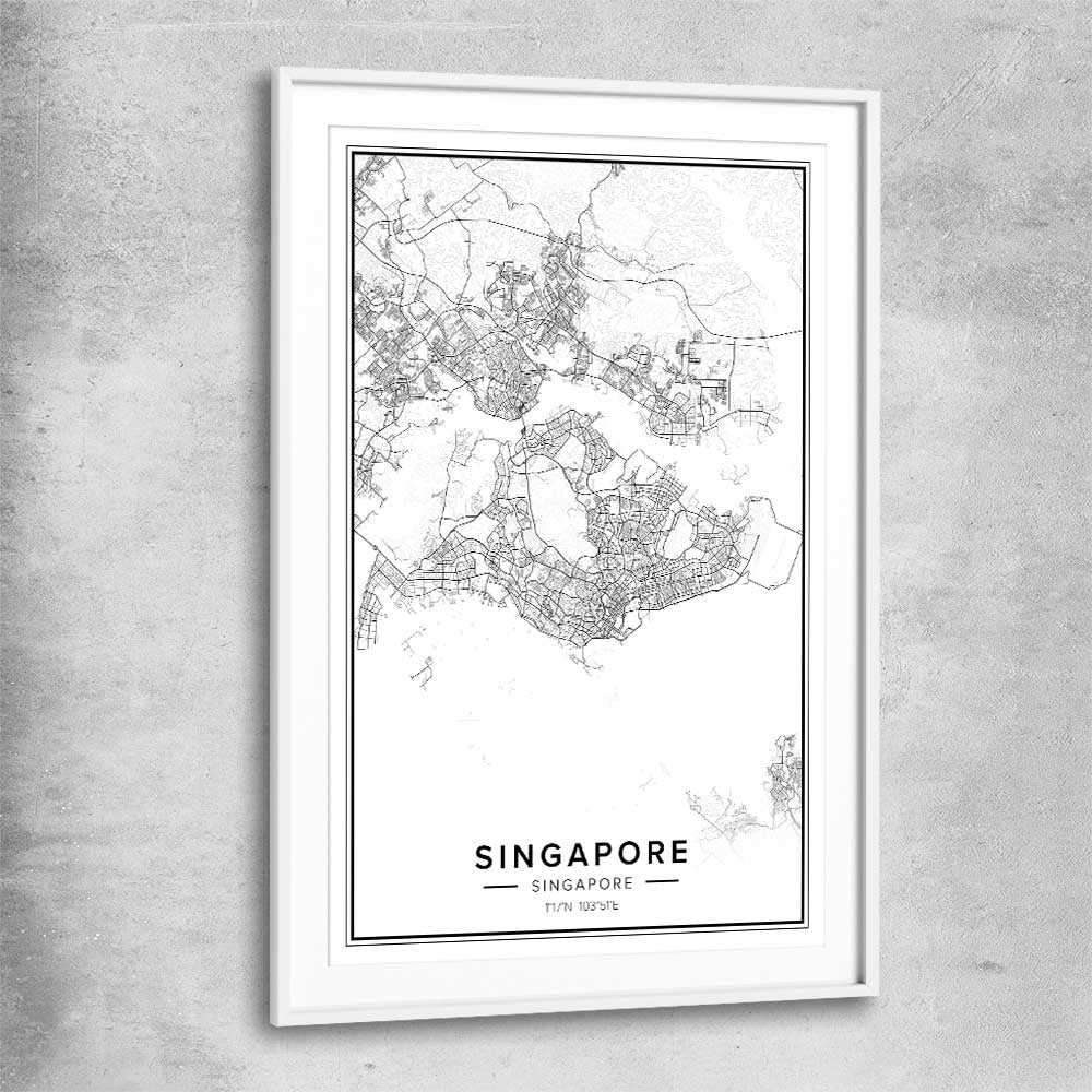 Singapore City white glass front frame is a high quality print in our city skyline, travel prints and maps collection