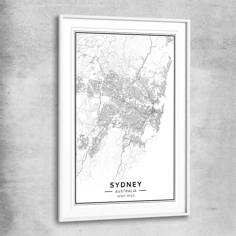 Sydney City white glass front frame is a high quality print in our city skyline, travel prints and maps collection