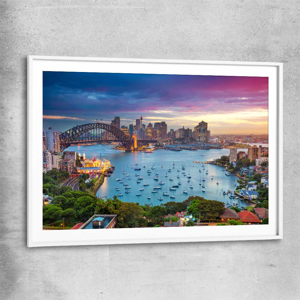 Sydney Sunset white glass front frame is a high quality print in our city skyline, travel prints and maps collection