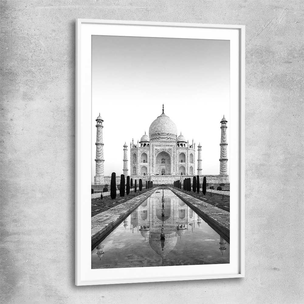 Taj Mahal white glass front frame is a high quality print in our city skyline, travel prints and maps collection