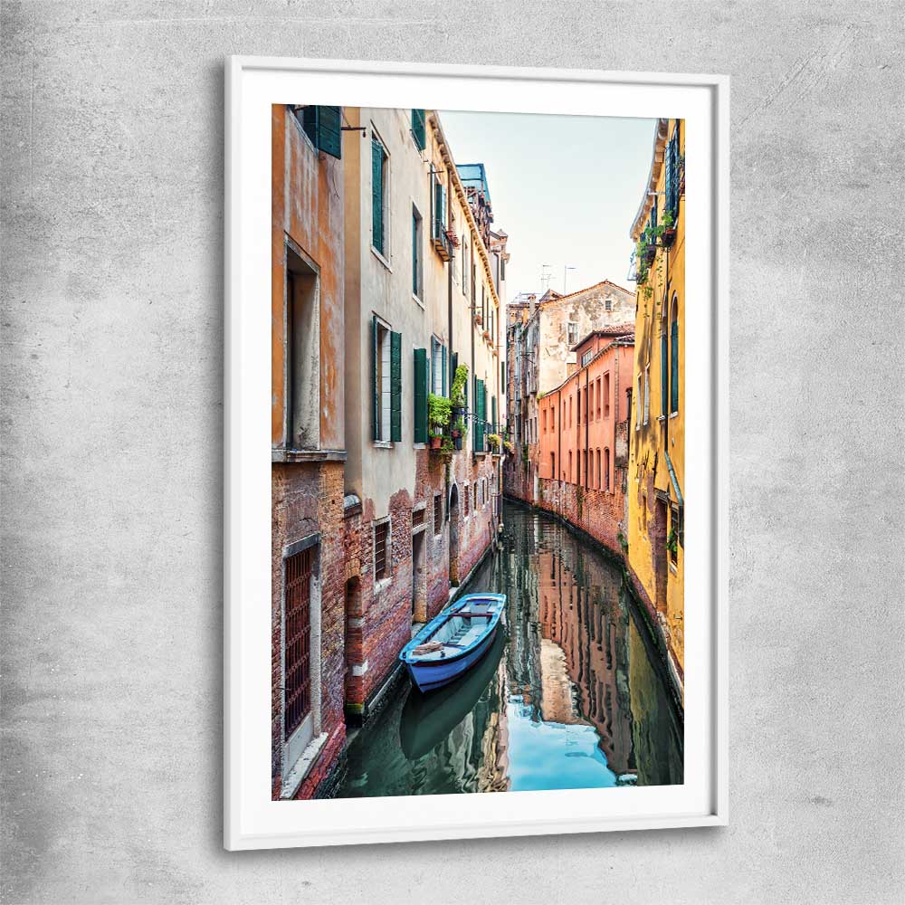 Venice Streets white glass front frame is a high quality print in our city skyline, travel prints and maps collection