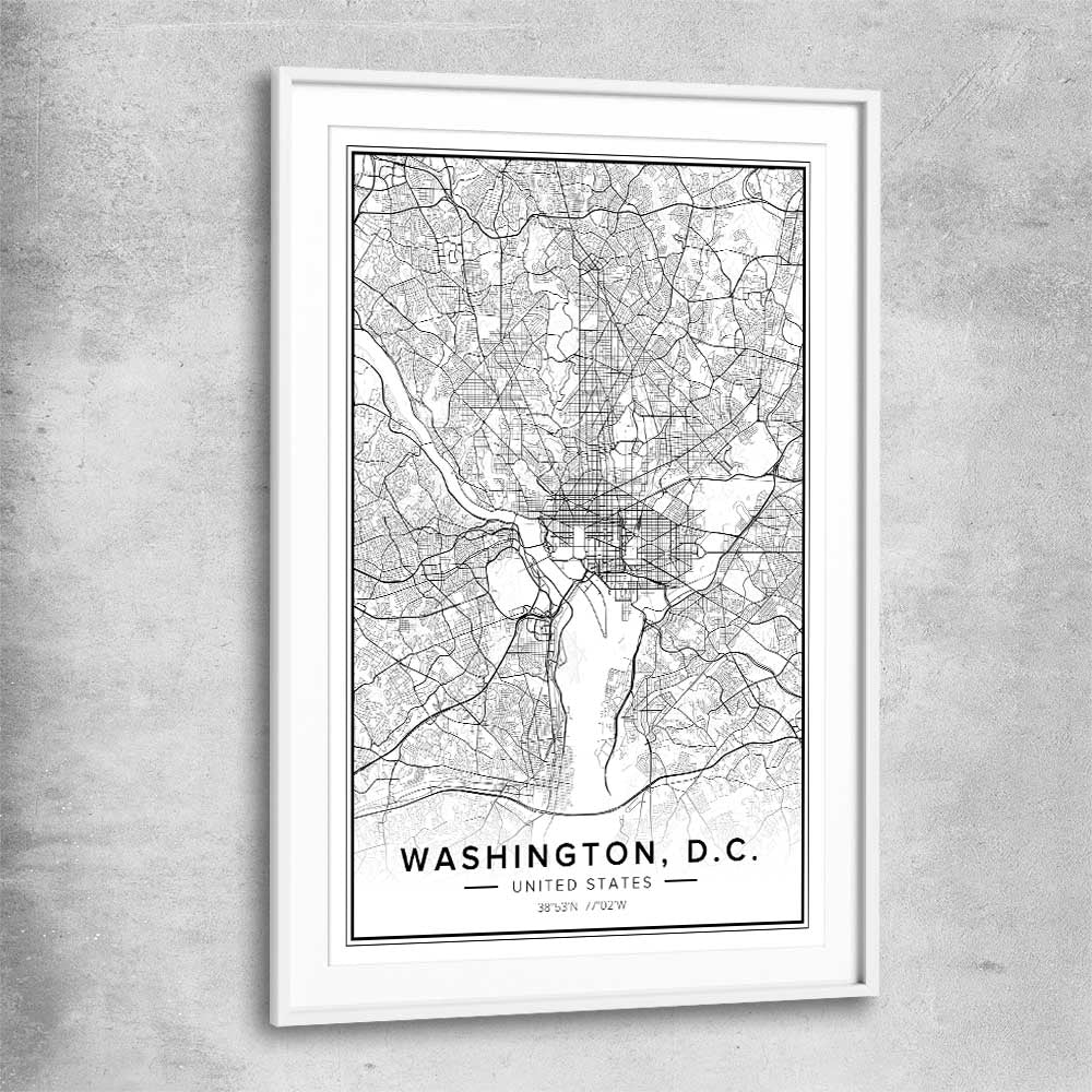 Washington City white glass front frame is a high quality print in our city skyline, travel prints and maps collection