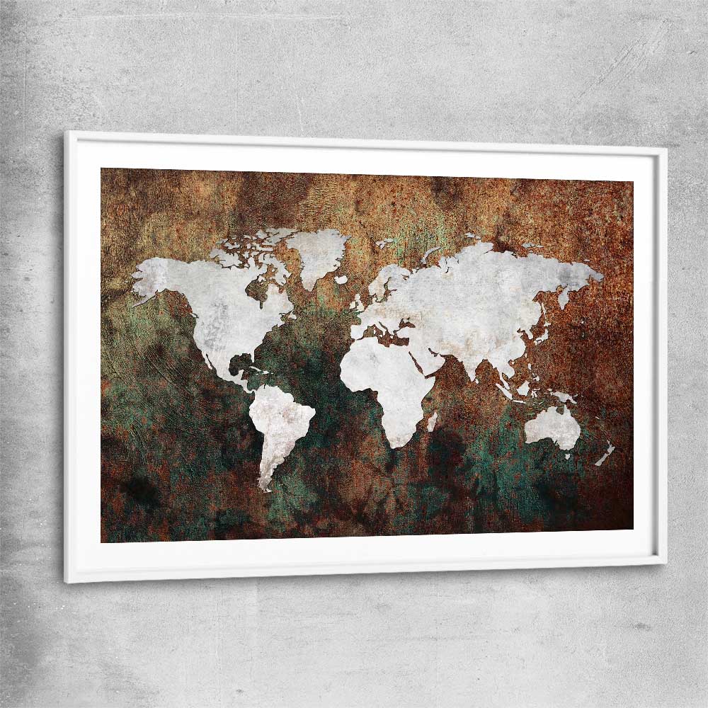 World Grunge white glass front frame is a high quality print in our city skyline, travel prints and maps collection