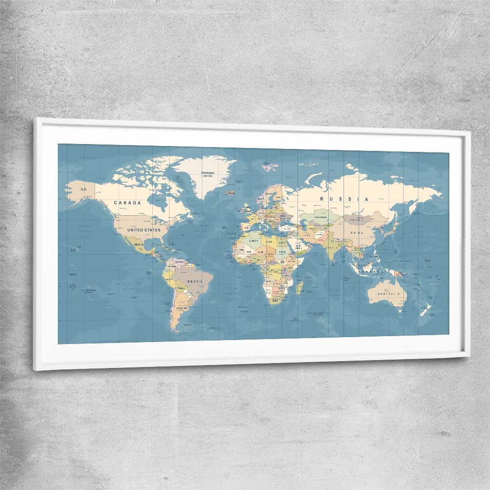 World Map white glass front frame is a high quality print in our city skyline, travel prints and maps collection