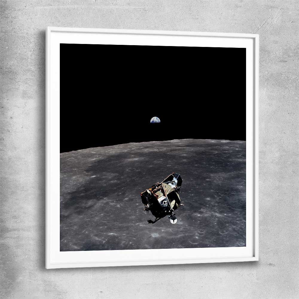 Space prints and wall art of Apollo 11 Earthrise with white glass front frame